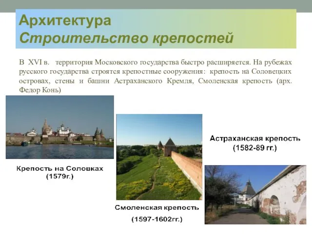 Архитектура Строительство крепостей В XVI в. территория Московского государства быстро расширяется. На рубежах