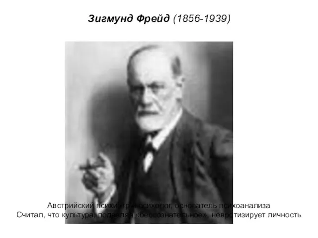 Зигмунд Фрейд (1856-1939) Австрийский психиатр и психолог, основатель психоанализа Считал, что культура, подавляя «бессознательное», невротизирует личность