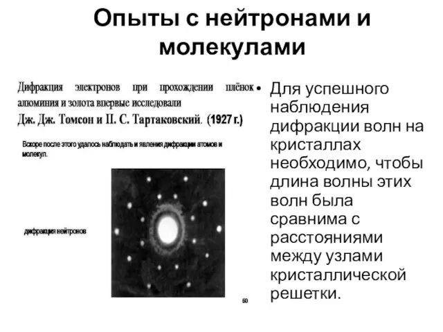 Опыты с нейтронами и молекулами Для успешного наблю­дения дифракции волн