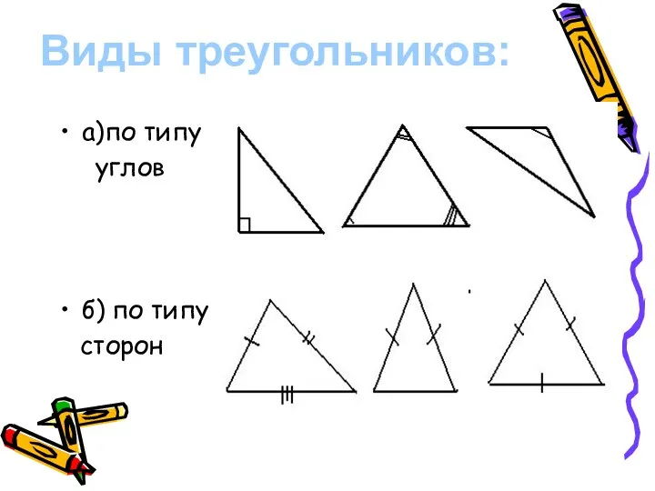 а)по типу углов б) по типу сторон Виды треугольников:
