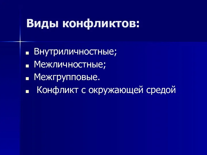 Виды конфликтов: Внутриличностные; Межличностные; Межгрупповые. Конфликт с окружающей средой