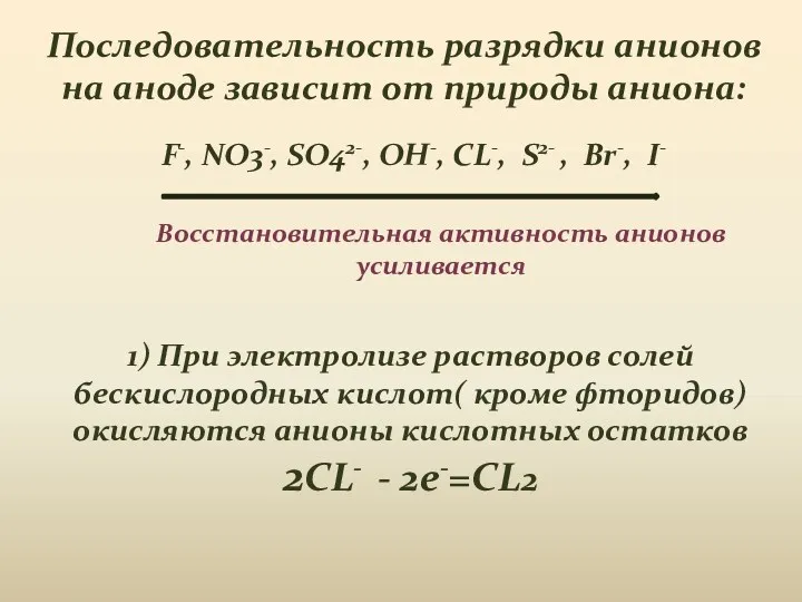 Последовательность разрядки анионов на аноде зависит от природы аниона: 1)