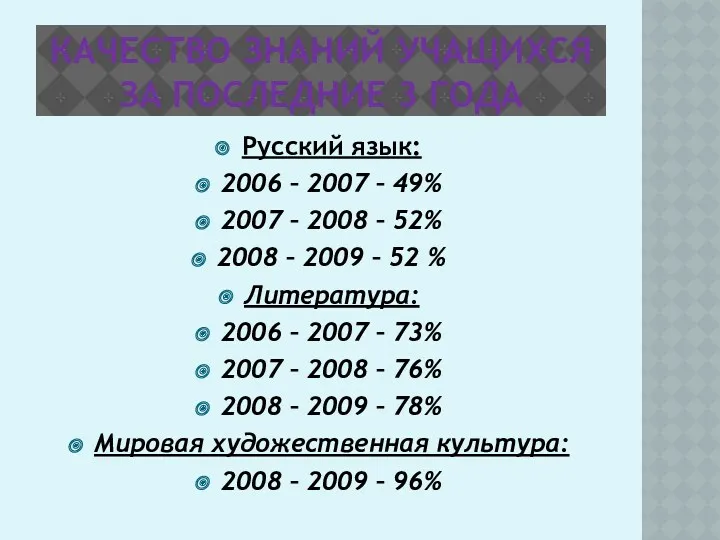 КАЧЕСТВО ЗНАНИЙ УЧАЩИХСЯ ЗА ПОСЛЕДНИЕ 3 ГОДА Русский язык: 2006 – 2007 –