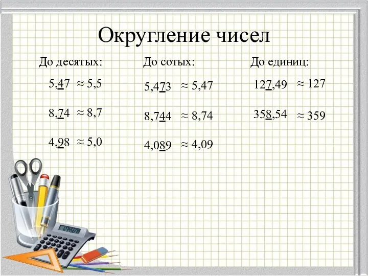 Округление чисел До десятых: 5,47 8,74 4,98 ≈ 5,5 ≈