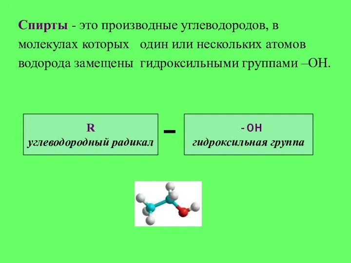 Спирты - это производные углеводородов, в молекулах которых один или