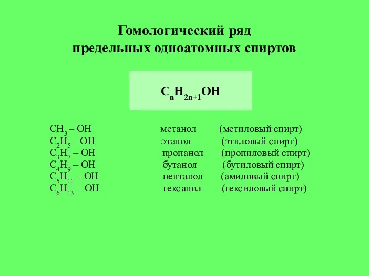 Гомологический ряд предельных одноатомных спиртов СН3 – ОН метанол (метиловый