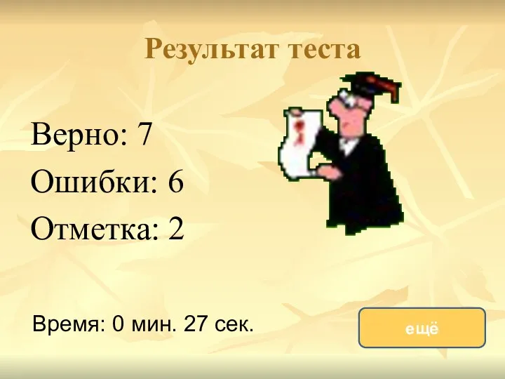 Результат теста Верно: 7 Ошибки: 6 Отметка: 2 Время: 0 мин. 27 сек. ещё