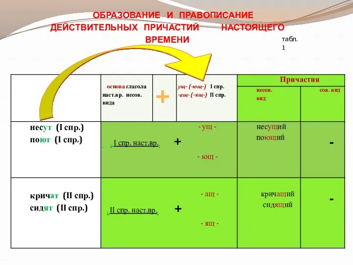 ОБРАЗОВАНИЕ И ПРАВОПИСАНИЕ ДЕЙСТВИТЕЛЬНЫХ ПРИЧАСТИЙ НАСТОЯЩЕГО ВРЕМЕНИ табл. 1 +