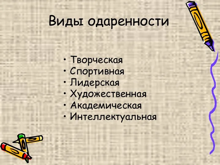 Творческая Спортивная Лидерская Художественная Академическая Интеллектуальная Виды одаренности