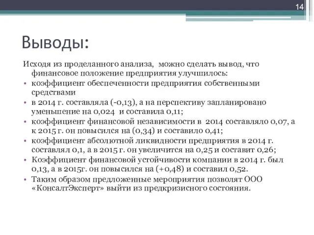 Выводы: Исходя из проделанного анализа, можно сделать вывод, что финансовое