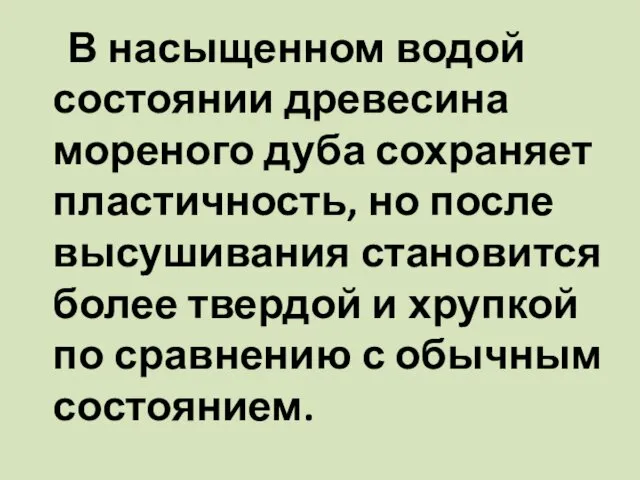 В насыщенном водой состоянии древесина мореного дуба сохраняет пластичность, но