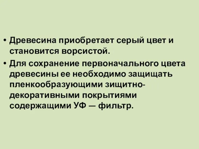 Древесина приобретает серый цвет и становится ворсистой. Для сохранение первоначального