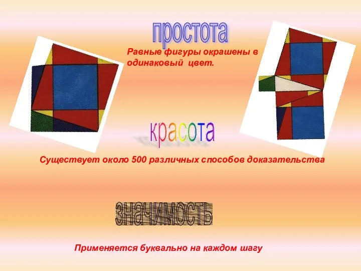 Равные фигуры окрашены в одинаковый цвет. Существует около 500 различных способов доказательства Применяется