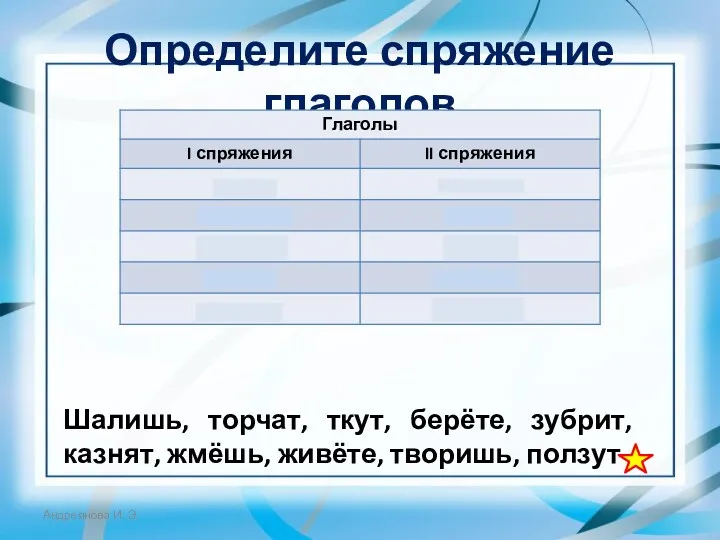 Определите спряжение глаголов Шалишь, торчат, ткут, берёте, зубрит, казнят, жмёшь, живёте, творишь, ползут Андреянова И. Э.