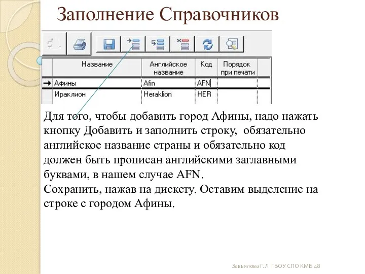 Завьялова Г.Л. ГБОУ СПО КМБ 48 Заполнение Справочников Для того,