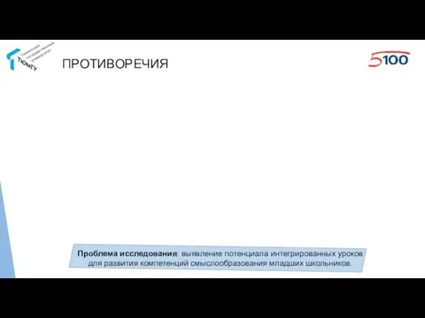 Проблема исследования: выявление потенциала интегрированных уроков для развития компетенций смыслообразования младших школьников. ПРОТИВОРЕЧИЯ