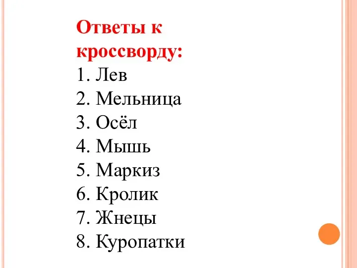 Ответы к кроссворду: 1. Лев 2. Мельница 3. Осёл 4.