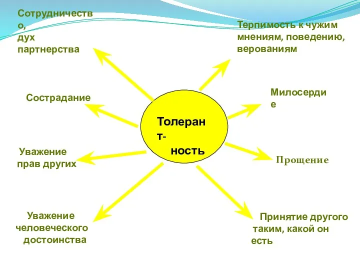 Толерант- ность Терпимость к чужим мнениям, поведению, верованиям Уважение человеческого достоинства Сотрудничество, дух