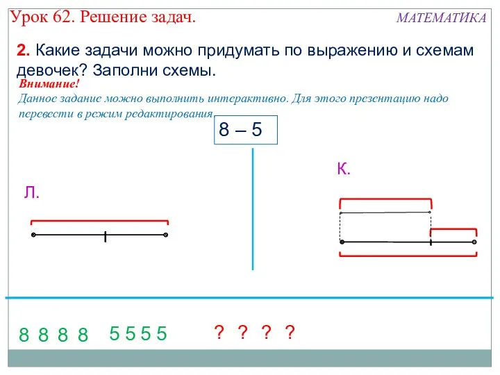 2. Какие задачи можно придумать по выражению и схемам девочек?