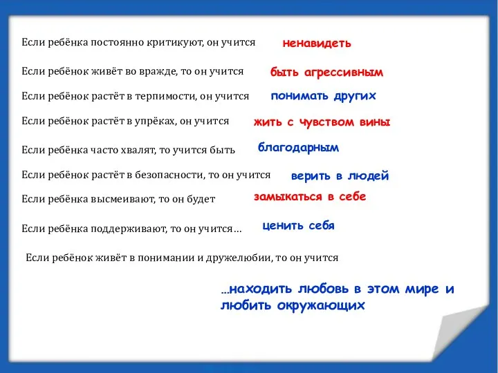 Если ребёнка постоянно критикуют, он учится ненавидеть Если ребёнок живёт во вражде, то