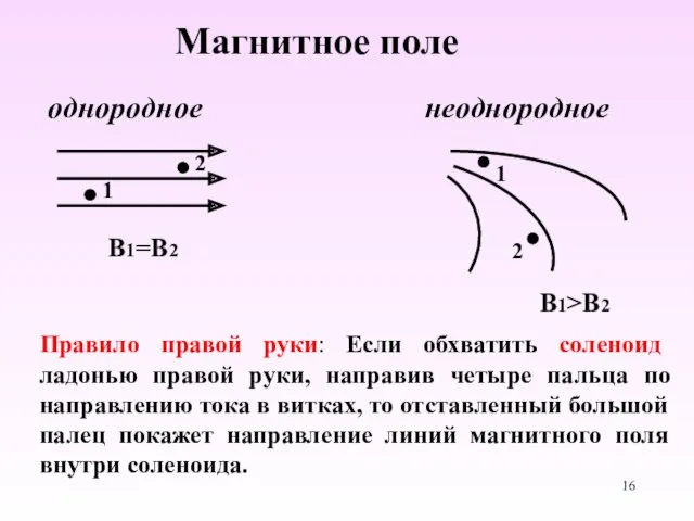 Магнитное поле однородное неоднородное 1 2 2 1 B1=B2 B1>B2