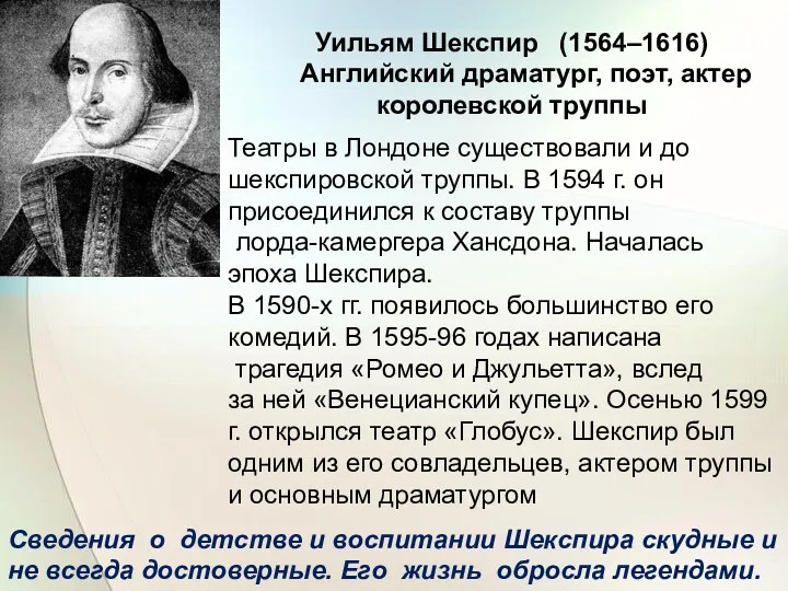 Уильям Шекспир (1564–1616) Английский драматург, поэт, актер королевской труппы Сведения о детстве и