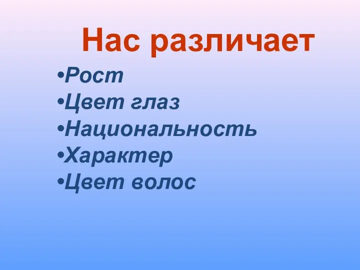 Нас различает Рост Цвет глаз Национальность Характер Цвет волос