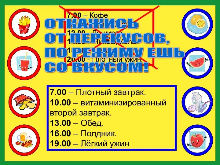 7.00 – Кофе 10.00 – Бутерброд 12.00 - Доширак 14.00