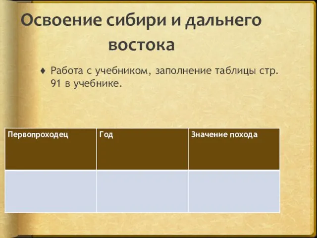 Освоение сибири и дальнего востока Работа с учебником, заполнение таблицы стр. 91 в учебнике.