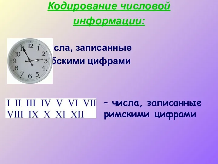 Кодирование числовой информации: – числа, записанные арабскими цифрами – числа, записанные римскими цифрами