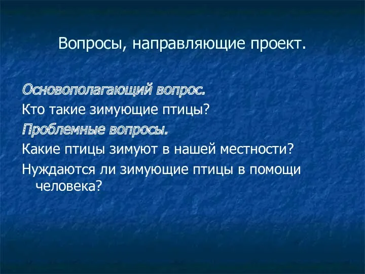 Вопросы, направляющие проект. Основополагающий вопрос. Кто такие зимующие птицы? Проблемные