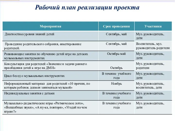 Рабочий план реализации проекта