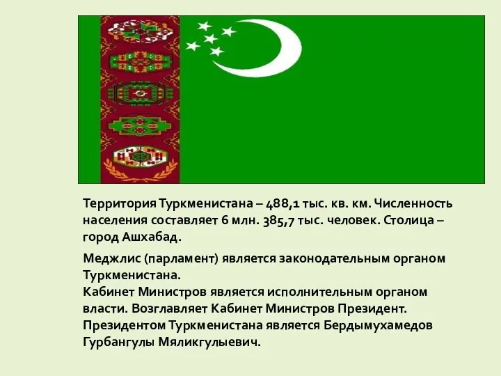 Территория Туркменистана – 488,1 тыс. кв. км. Численность населения составляет
