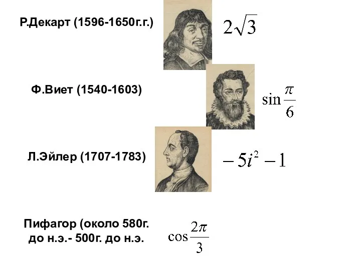 Р.Декарт (1596-1650г.г.) Ф.Виет (1540-1603) Л.Эйлер (1707-1783) Пифагор (около 580г. до н.э.- 500г. до н.э.