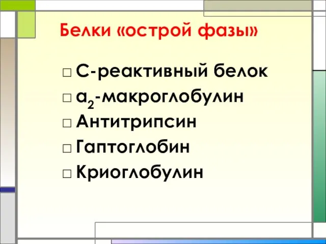 Белки «острой фазы» С-реактивный белок α2-макроглобулин Антитрипсин Гаптоглобин Криоглобулин