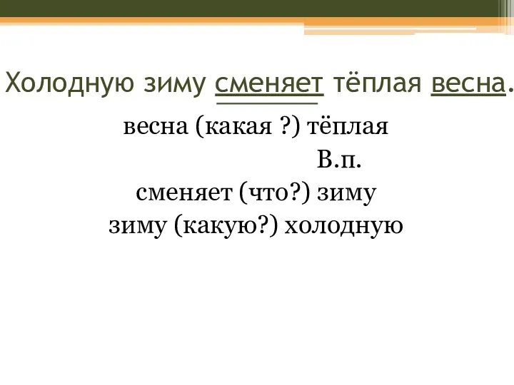 Холодную зиму сменяет тёплая весна. весна (какая ?) тёплая В.п. сменяет (что?) зиму зиму (какую?) холодную