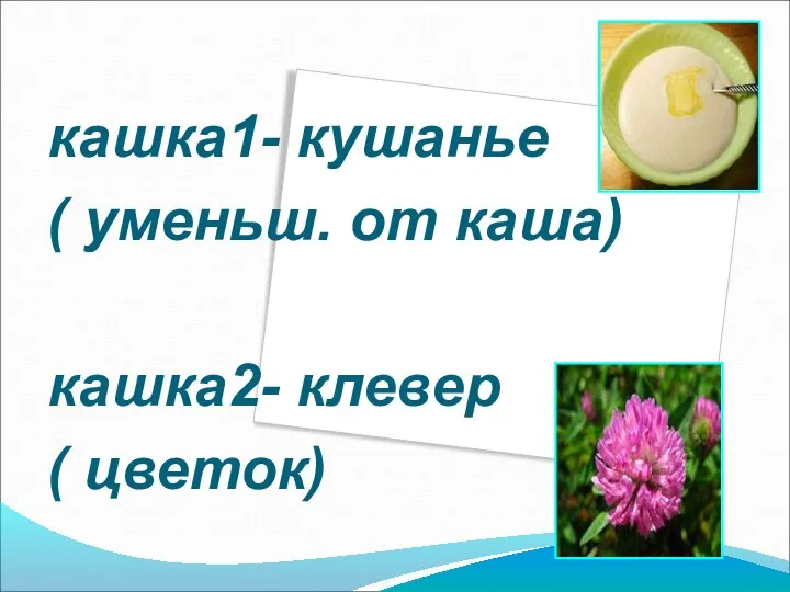 кашка1- кушанье ( уменьш. от каша) кашка2- клевер ( цветок)