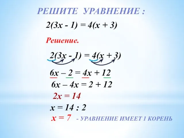 РЕШИТЕ УРАВНЕНИЕ : 2(3х - 1) = 4(х + 3)