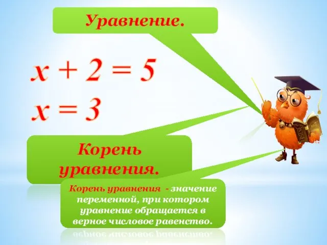 Корень уравнения. х + 2 = 5 х = 3