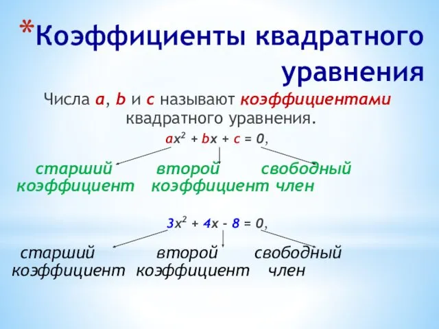 Коэффициенты квадратного уравнения Числа а, b и с называют коэффициентами