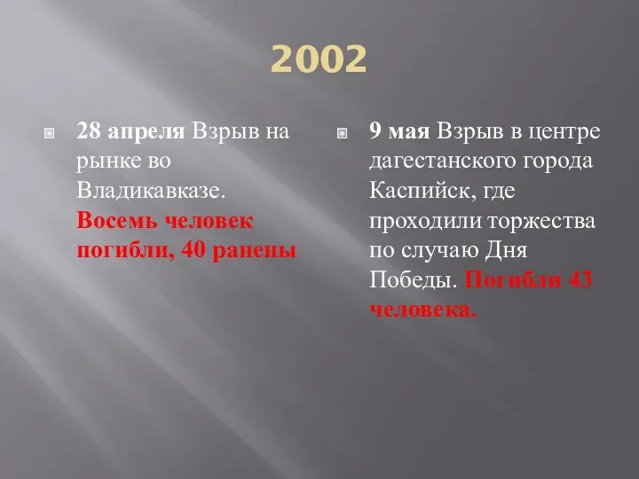 2002 28 апреля Взрыв на рынке во Владикавказе. Восемь человек погибли, 40 ранены