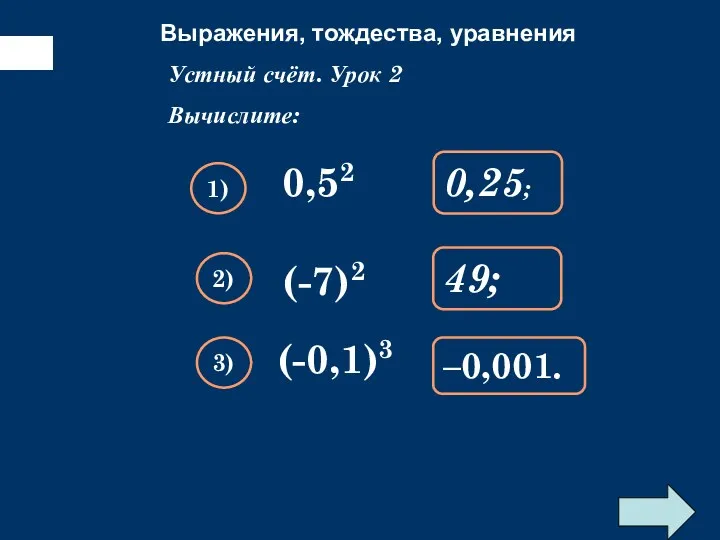 Выражения, тождества, уравнения Упростите выражение: 0,52 Устный счёт. Урок 2