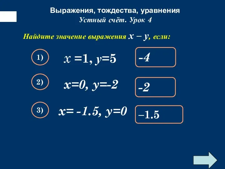 Выражения, тождества, уравнения Упростите выражение: x =1, у=5 Устный счёт.