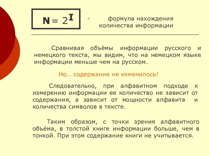 = 2 - формула нахождения количества информации I N I N Но… содержание