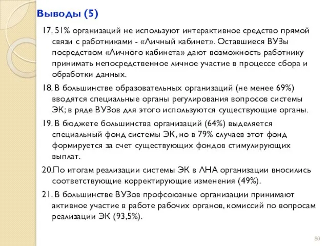 Выводы (5) 17. 51% организаций не используют интерактивное средство прямой связи с работниками