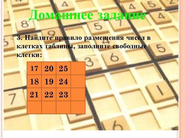 3. Найдите правило размещения чисел в клетках таблицы, заполните свободные клетки: 17 20