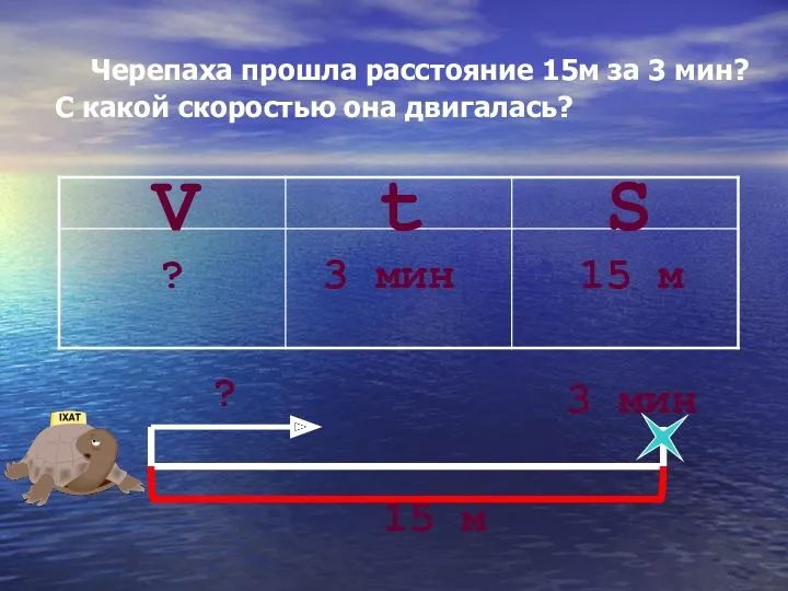 Черепаха прошла расстояние 15м за 3 мин? С какой скоростью она двигалась? S