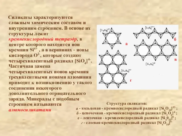 Структура силикатов: а - кольцевая - кремнекислородный радикал [Si6O18]12-; б