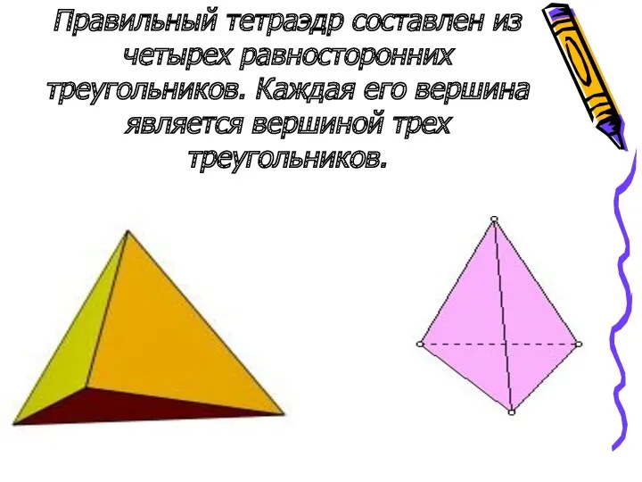 Правильный тетраэдр составлен из четырех равносторонних треугольников. Каждая его вершина является вершиной трех треугольников.