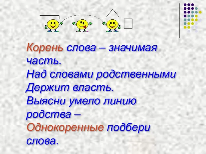 Корень слова – значимая часть. Над словами родственными Держит власть. Выясни умело линию